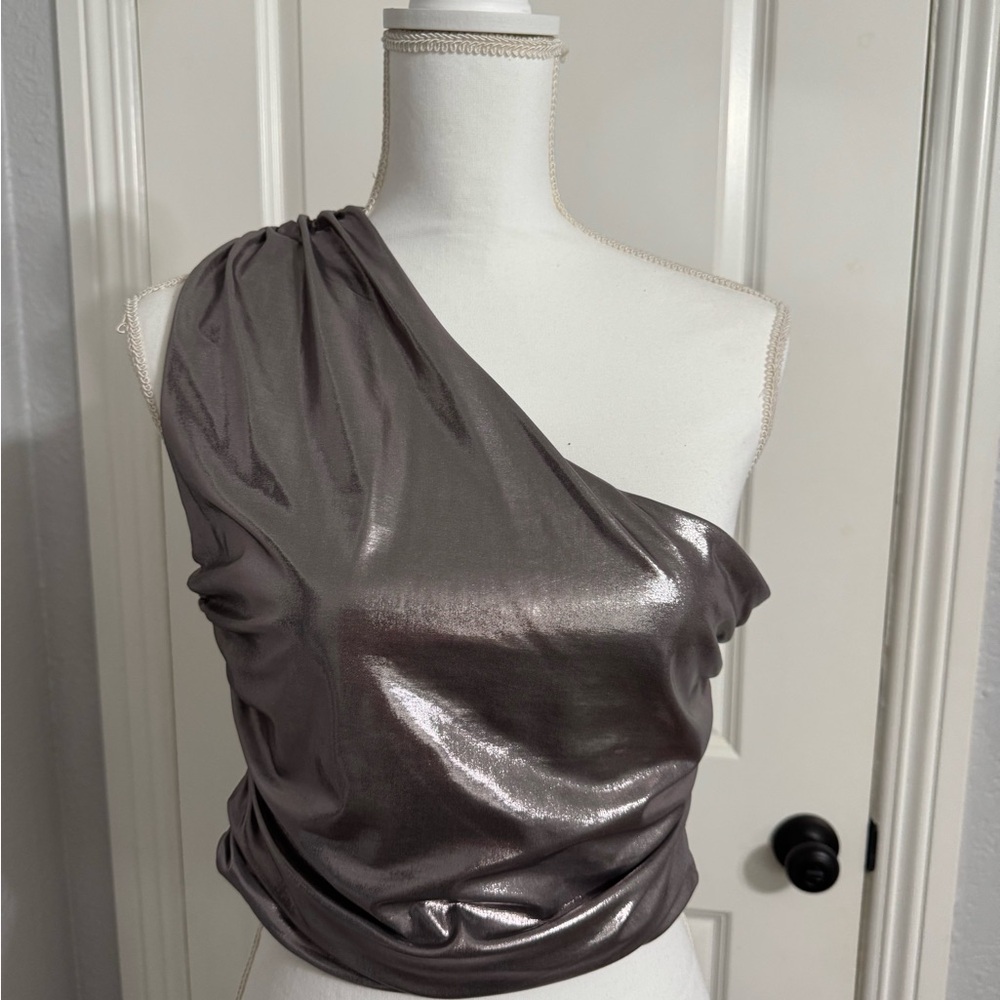 Silver/ Gray One-Shoulder Top